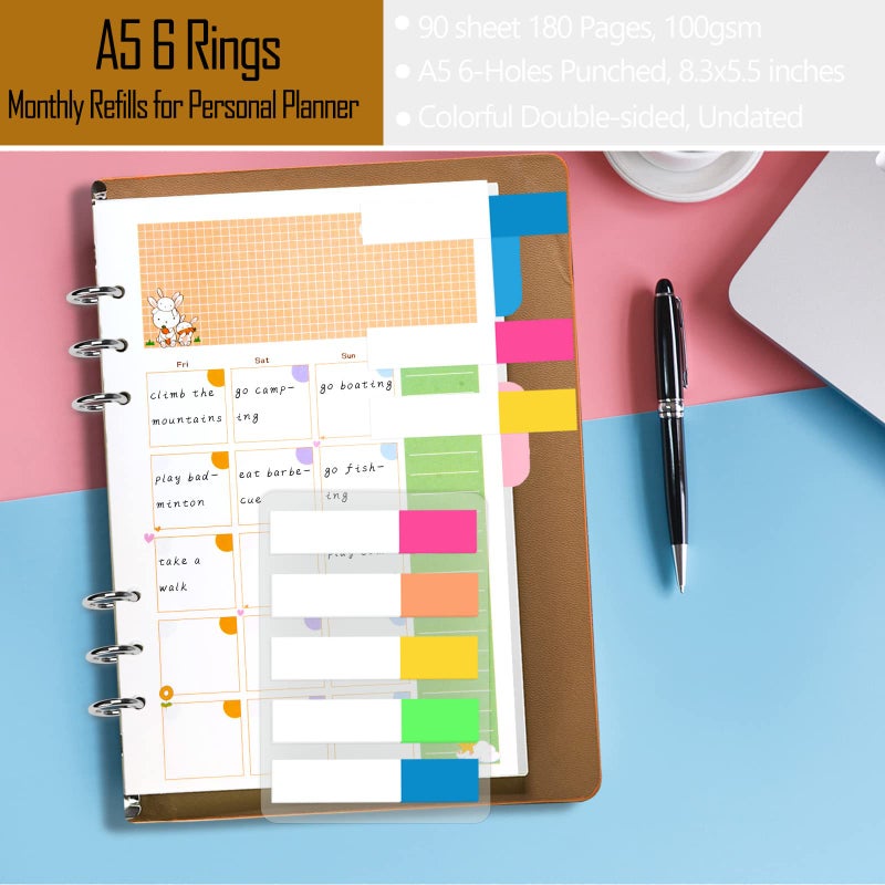 Rancco A5 Planner Inserts Monthly Planner Refills  90 Pages Colorful 6-Ring Loose-leaf Monthly Binder Paper w/Divider  PVC Pouch  Ruler  Index Tab for Journal  Filofax  Double-sided  Undated 8.3x5.6"" - Image 4